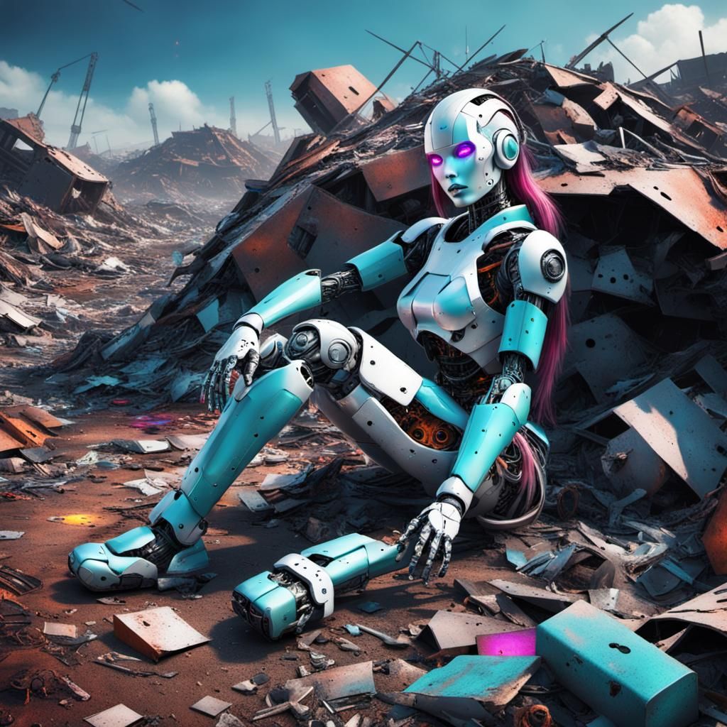 Ruined Cyborg Girl in Cyberpunk Landfill