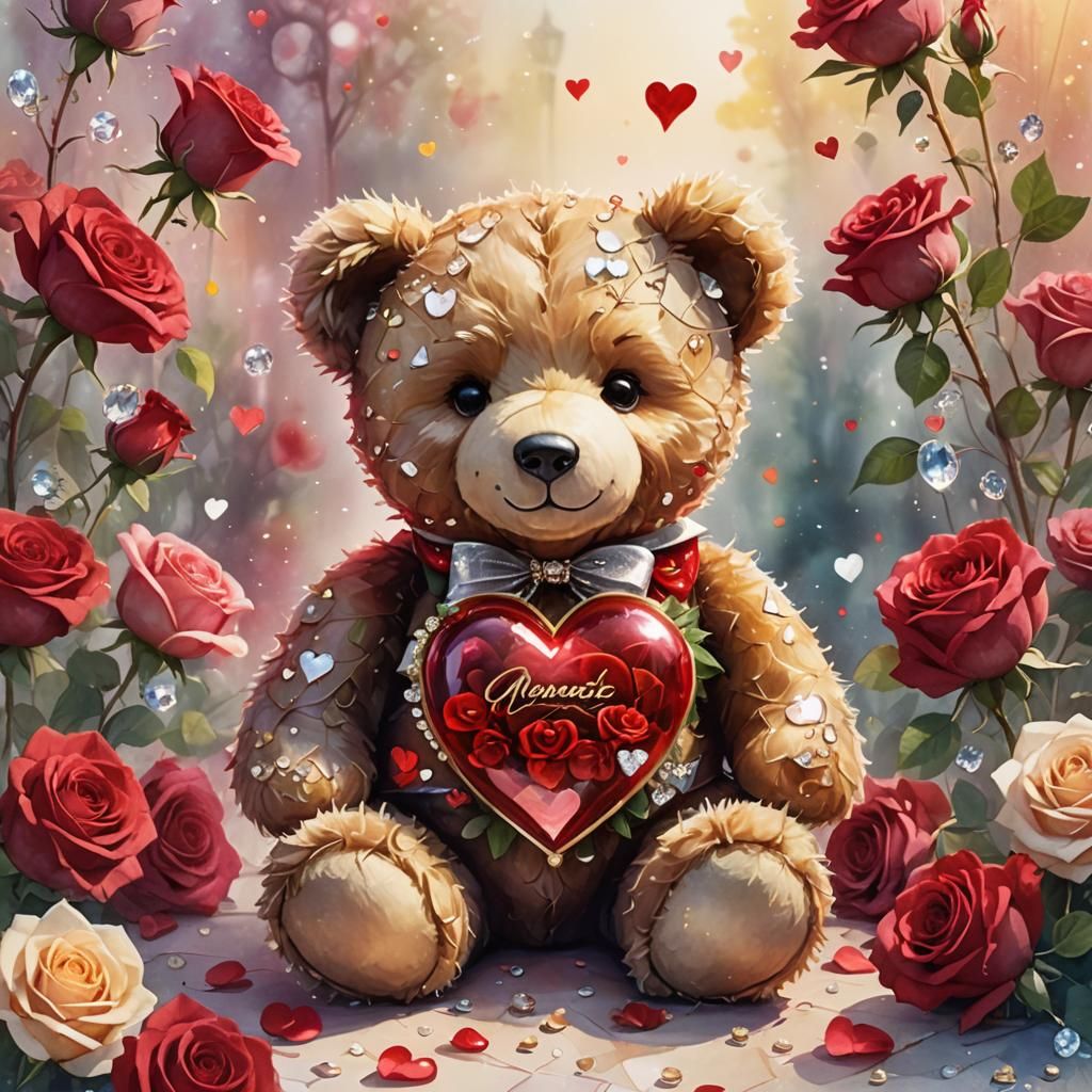 Teddy Bear in Roses: Anime Watercolor Art