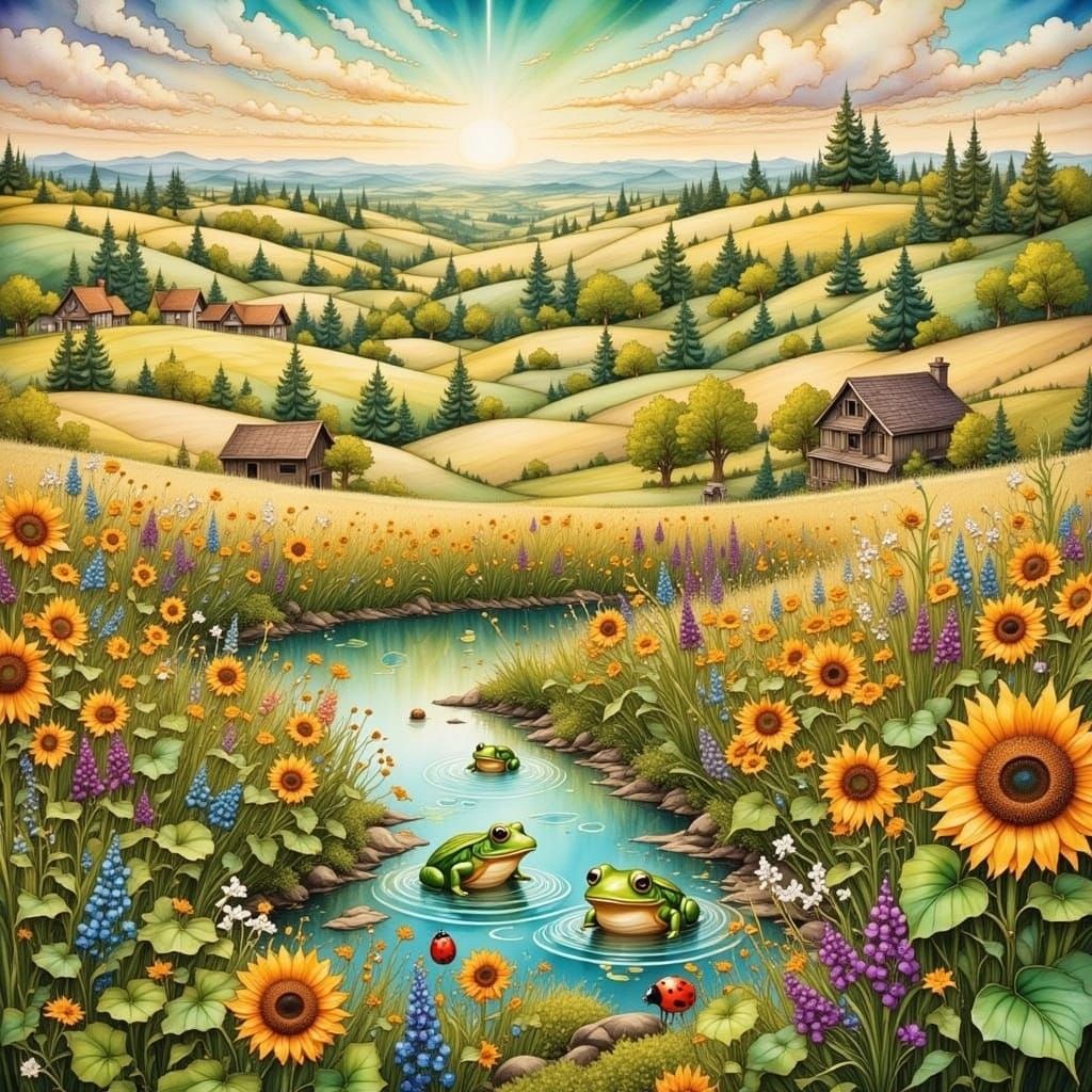 Whimsical Frog and Friends in Rural Landscape