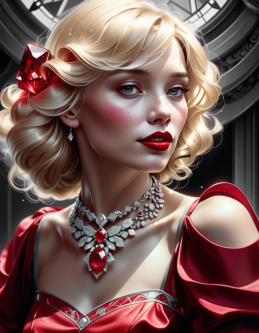 Ruby Necklace Portrait in Grayscale, Art Nouveau Style