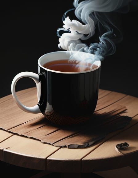 Surreal Closeup of Tea in a Colored Mug on Wooden Table