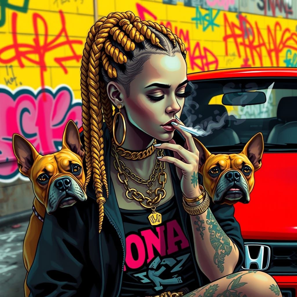 Edgy Graffiti Art: Braided Girl with Dogs near Honda