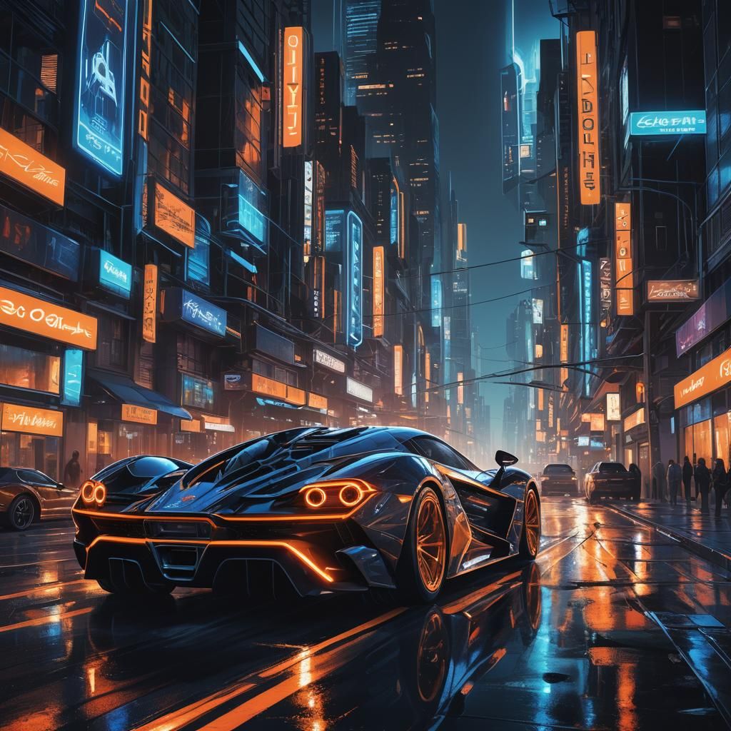 Supercar Speeds Through Neon Cityscape: Digital Art