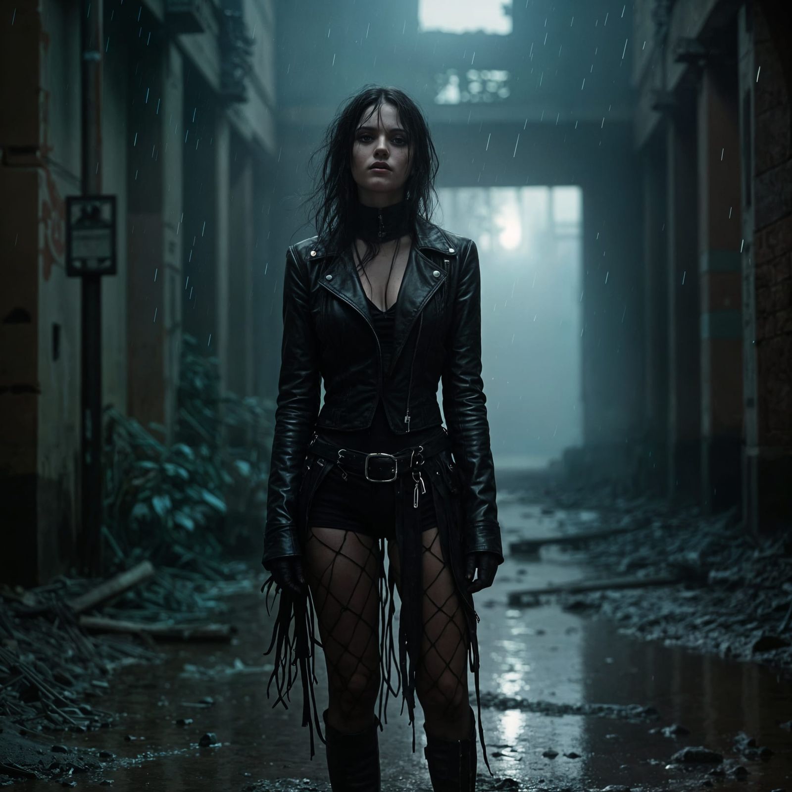 Goth Woman in Abandoned Factory Ruins at Night