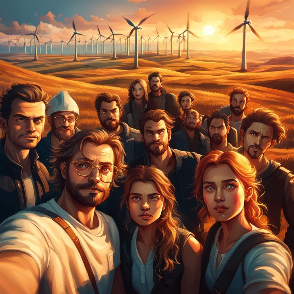 Fantasy Selfie at Wind Farm in Golden Hour