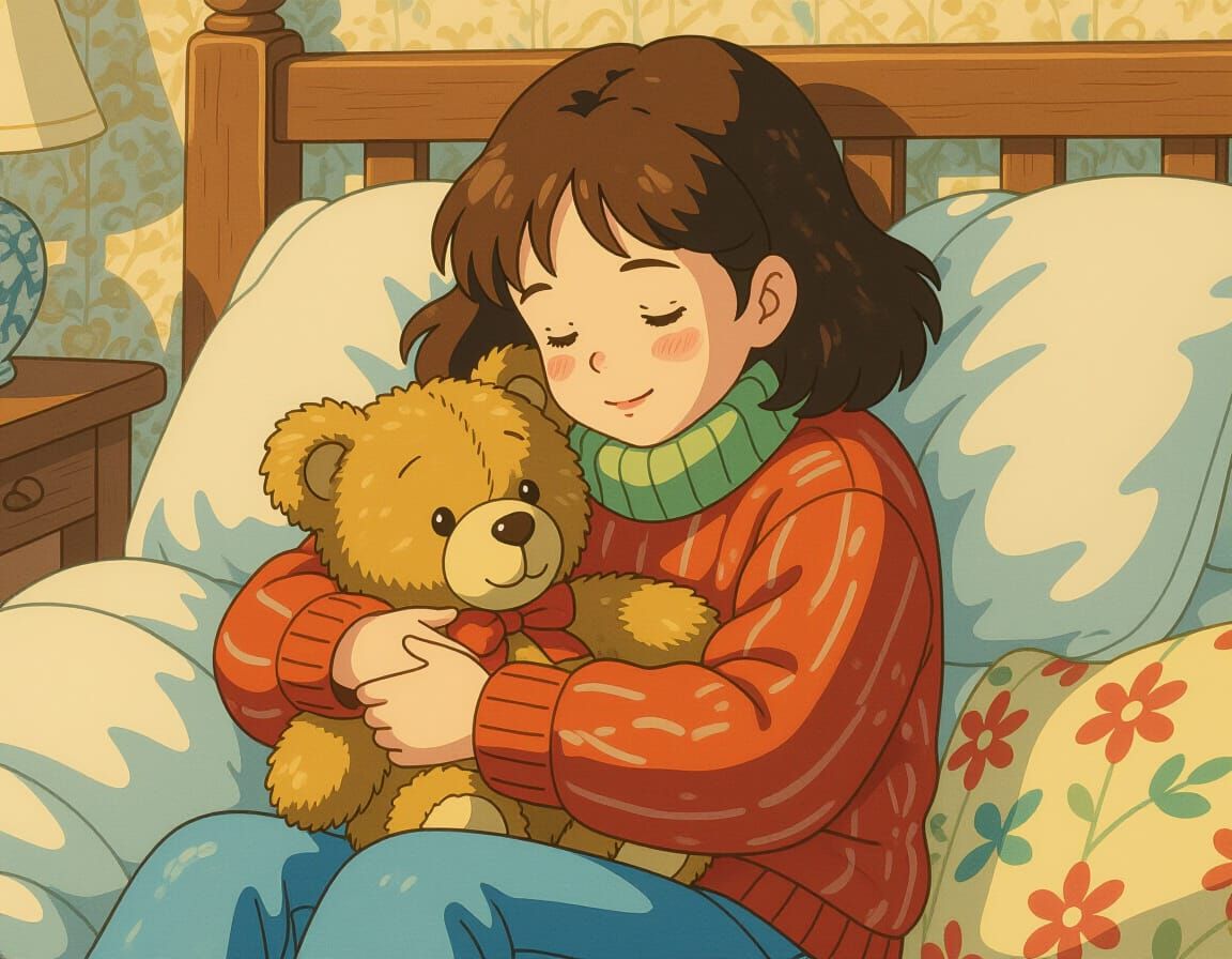 Girl Cuddling Teddy Bear in Whimsical Folk Art Style