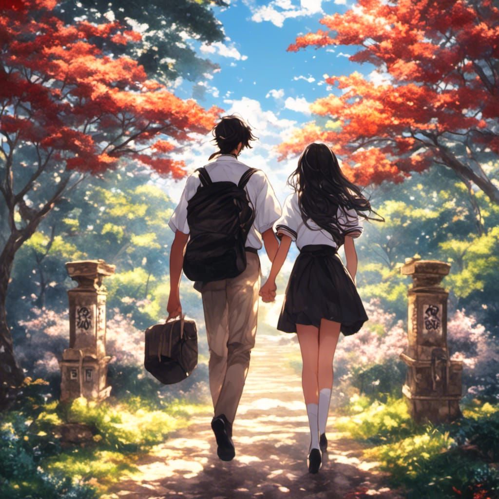 Young Couple Walking Home in Japanese School Uniforms