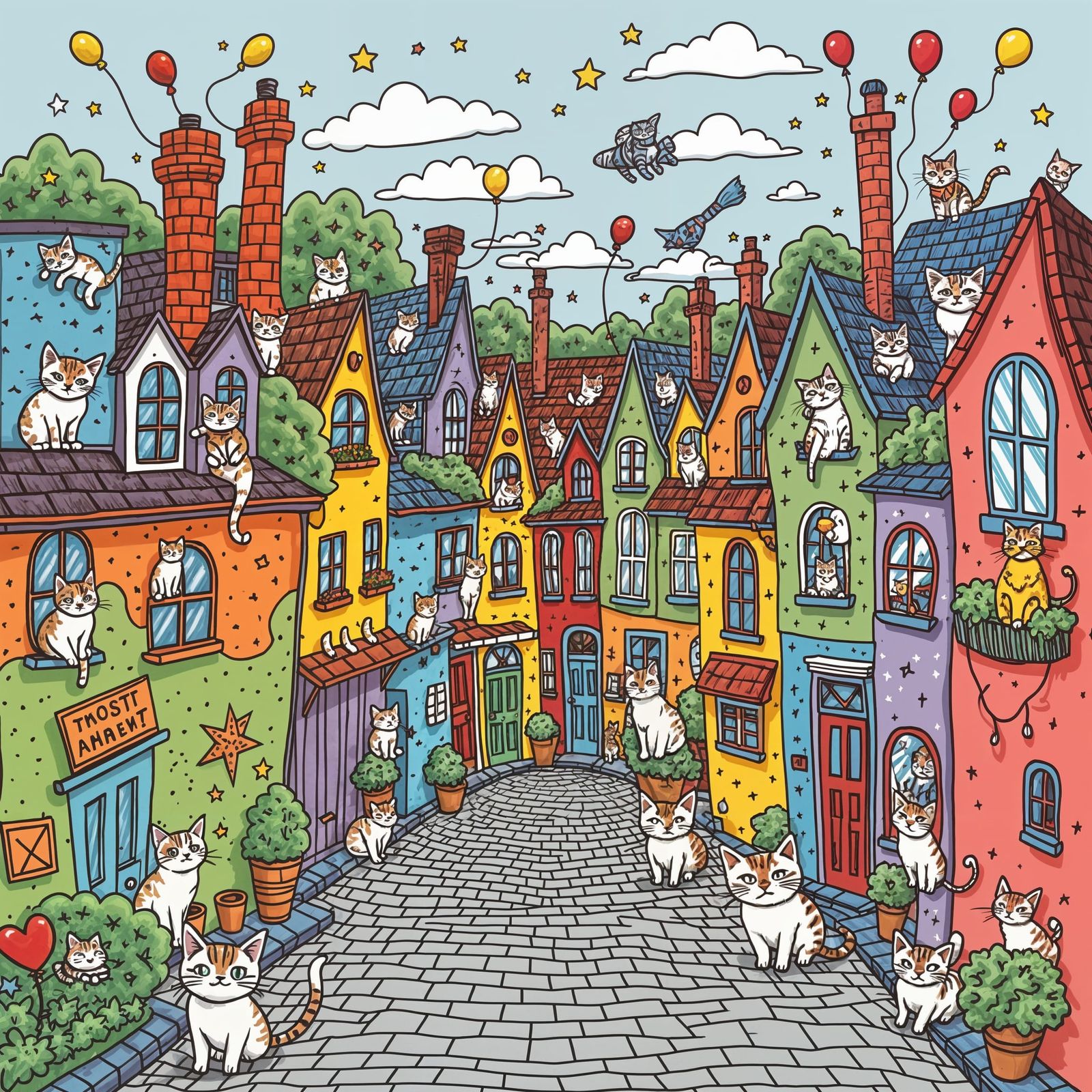 Cat-Filled Doodle Neighborhood with Crooked Houses