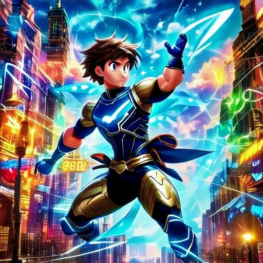 Dynamic Superhero in Pixar-Style Electric Fight