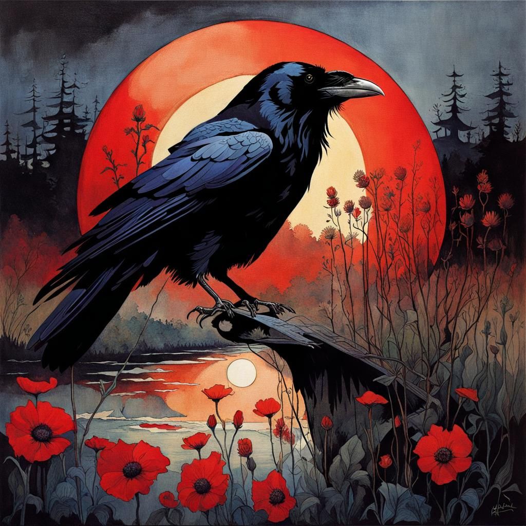 Raven and Dark Eclipse in Vibrant Color Print Art