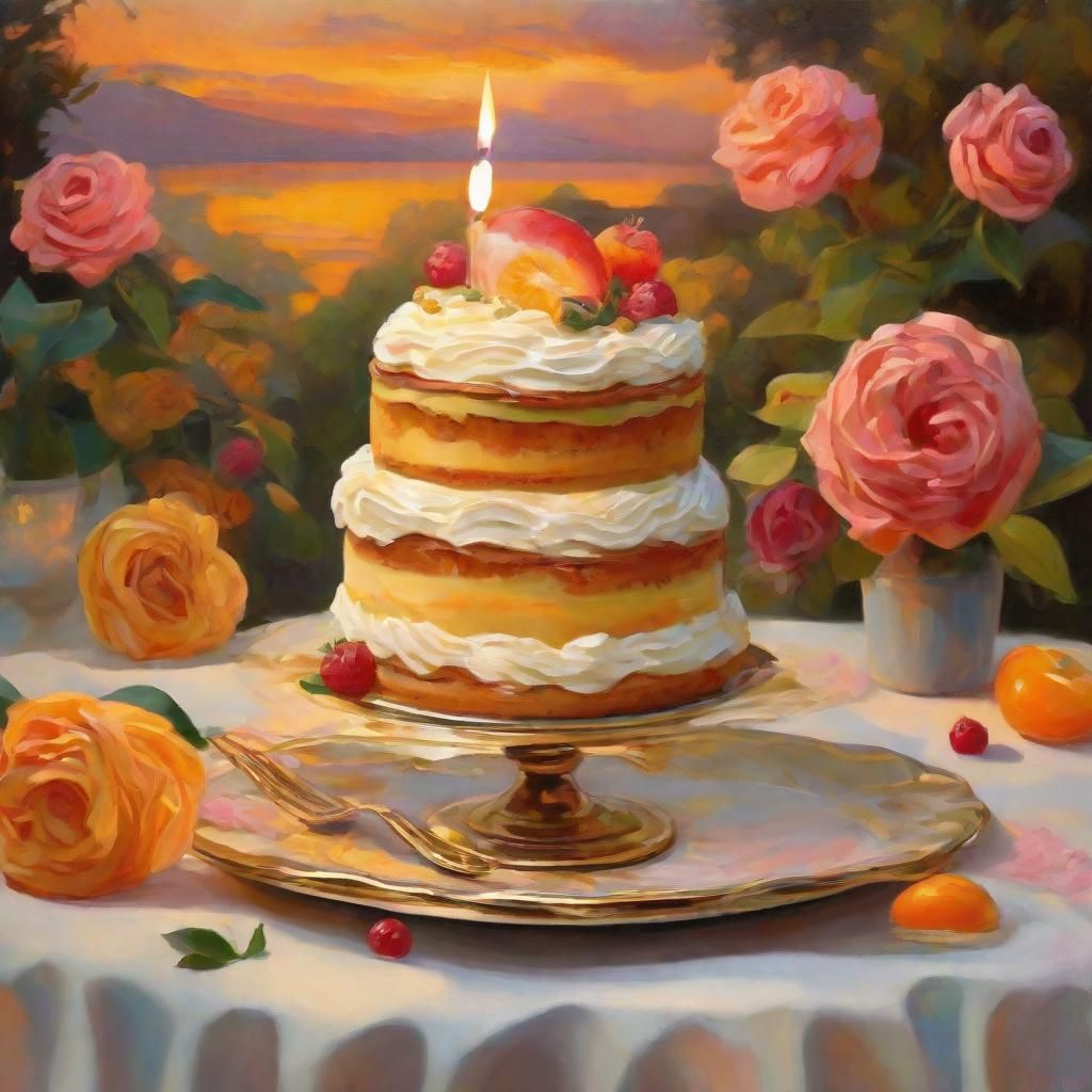 Decadent Dessert in Sunset Garden: Surreal Oil Painting