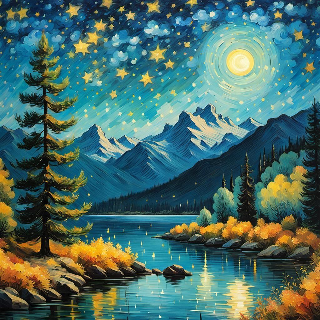 Starry Night Sky Landscape in Van Gogh Style