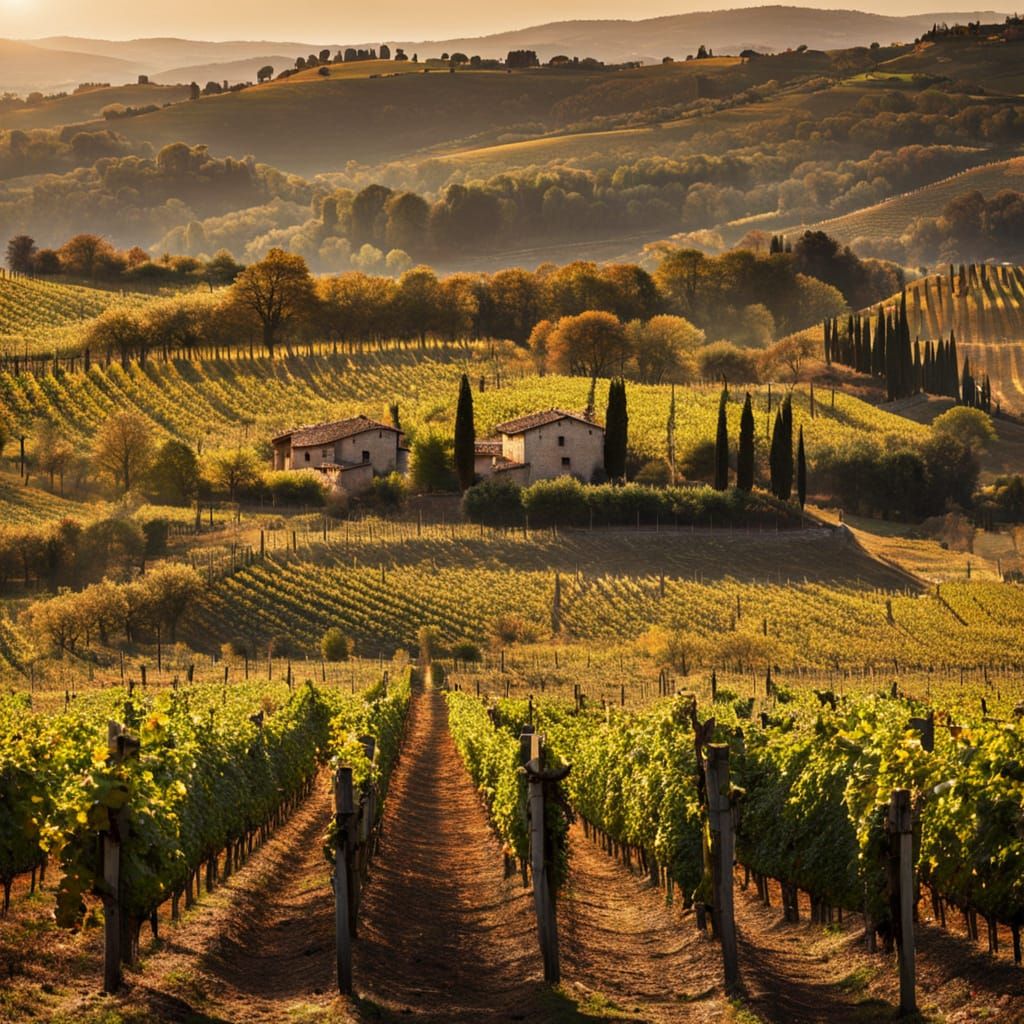 Rolling Tuscan Vineyards Under Warm Autumn Light