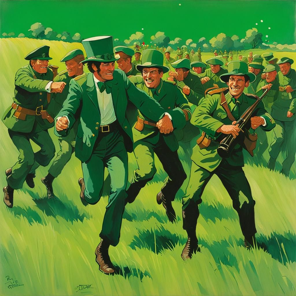 Leprechauns and Soldiers Dancing in Green Field