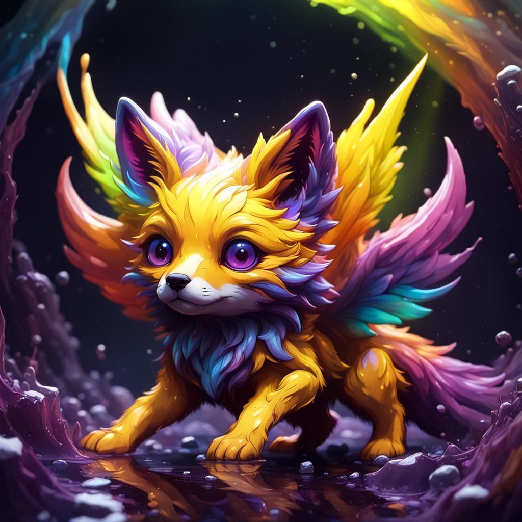 Rainbow Winged Slime Fox Pup: Dark Fantasy Art