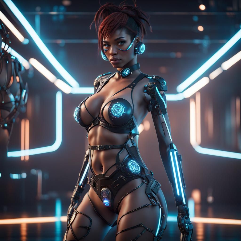Cyborg Lady in Tron Style on Holodeck