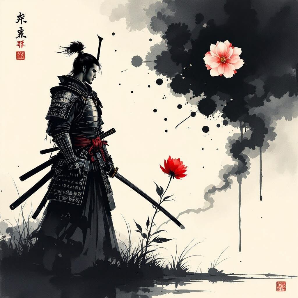 Samurai in Ink Splash Art with Surrealist Lighting