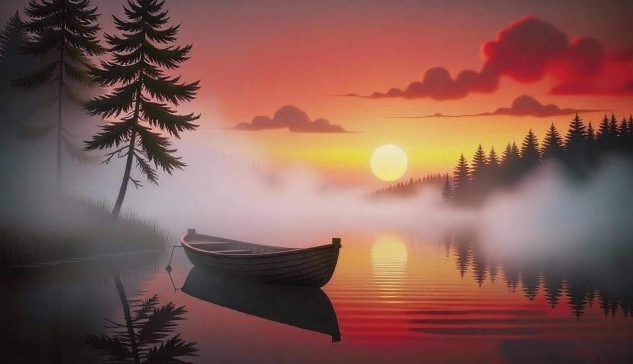 Serene Lake at Sunset: Boat Silhouette in Gouache