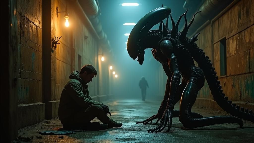 Depict Kane from Alien sitting down for a chat with a Xenomo...