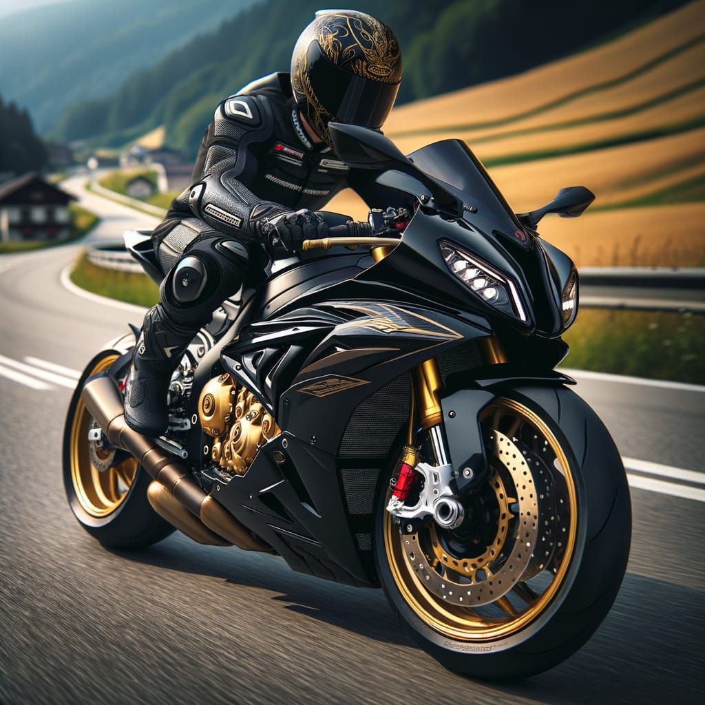 Sleek Black Motorcycle Speeds Down a Road with Gold Wheels a...