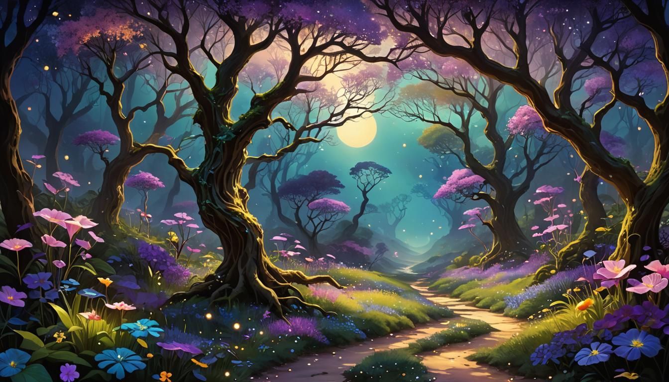 Exotic Bioluminescent Landscape in Alcohol Ink Style