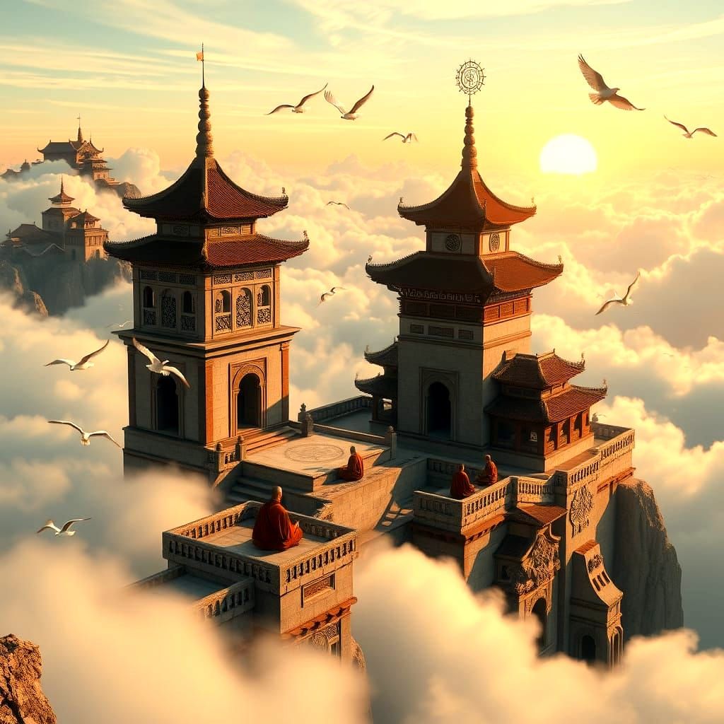 Floating Cloud Monastery at Sunrise: Dreamlike Fantasy