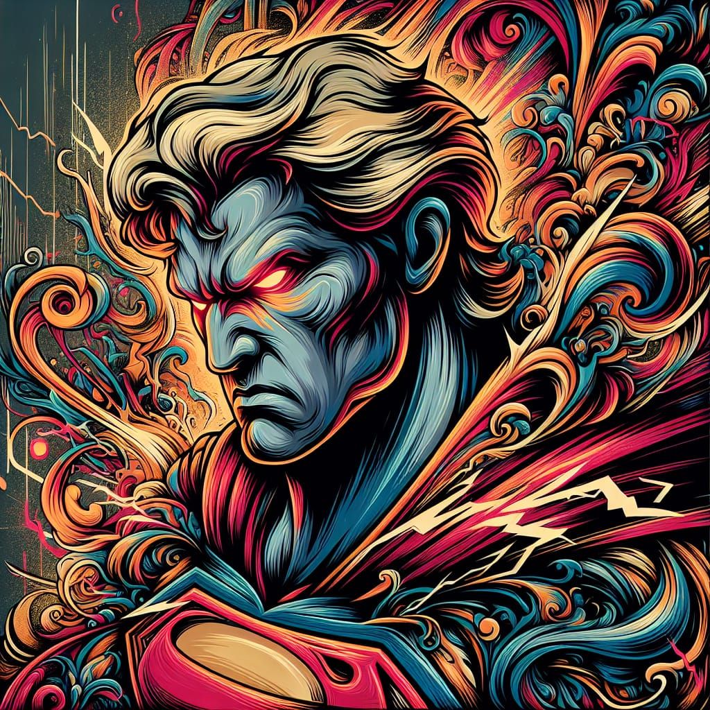 Angry Superhero Portrait in Art Nouveau Graffiti Style