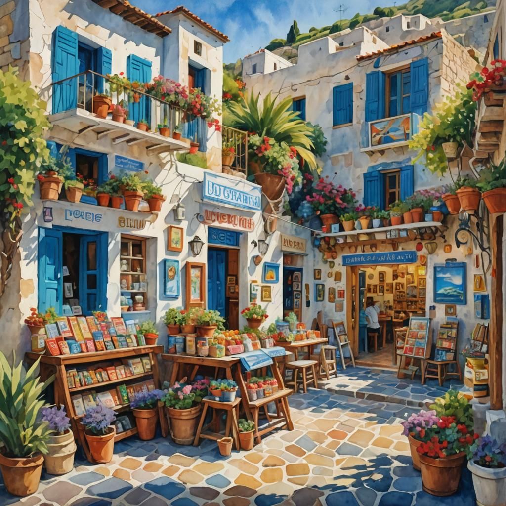 Greek Souvenir Shop in Gouache Watercolor Style