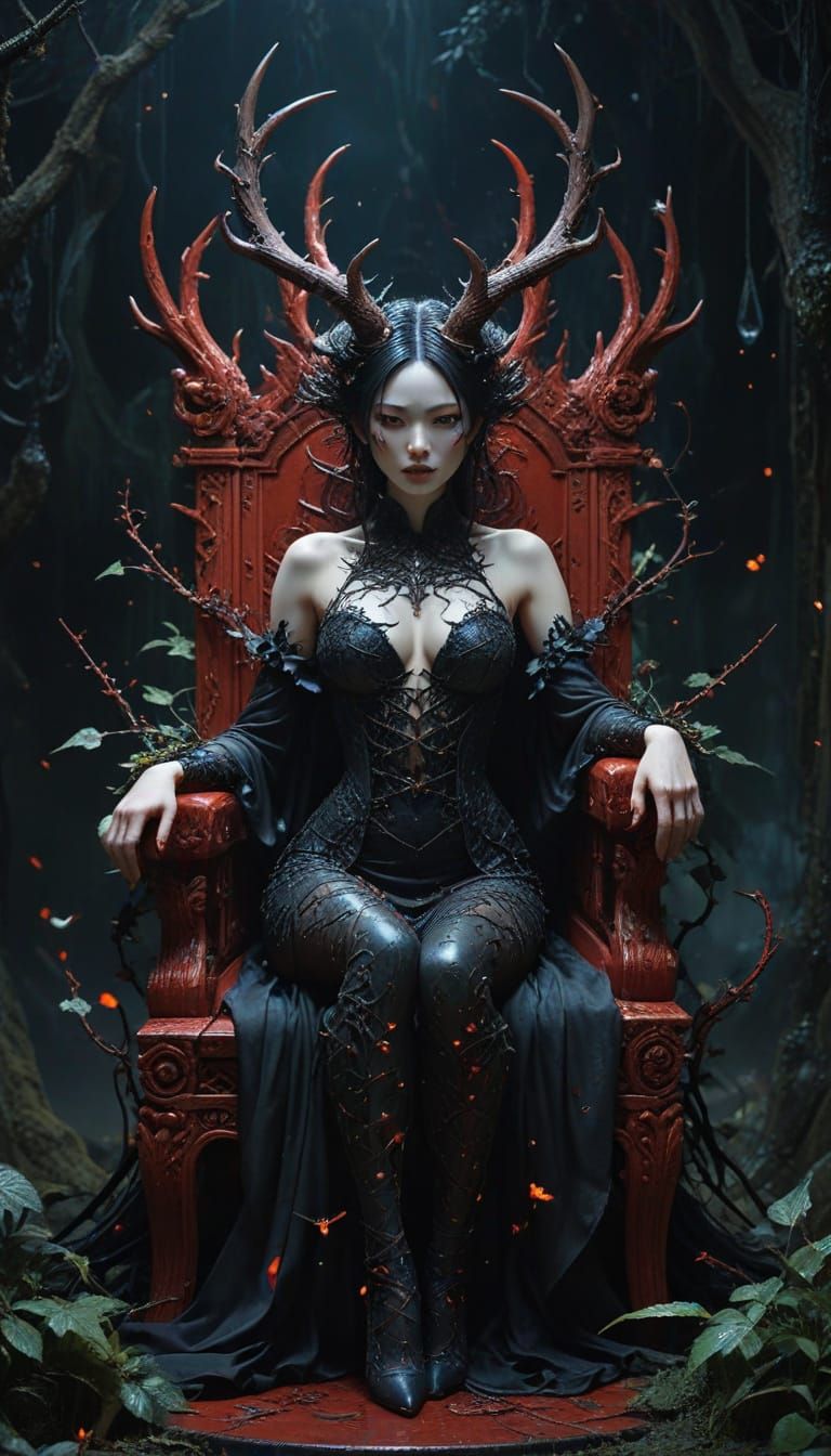 Female Devil on Thorn Throne, Dark Fairytale Art