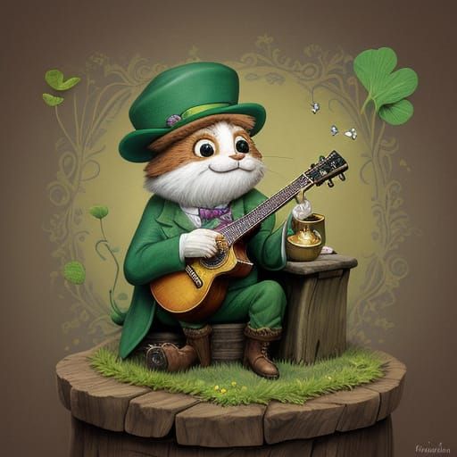Whimsical Leprechaun Pet Rock Plays Harmonica Amidst Four-Le...