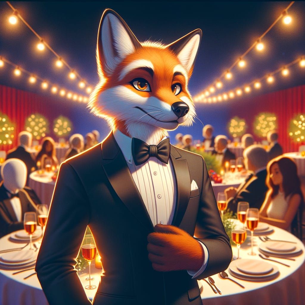 Anthropomorphic Fox in Tuxedo at Sophisticated Dinner Party