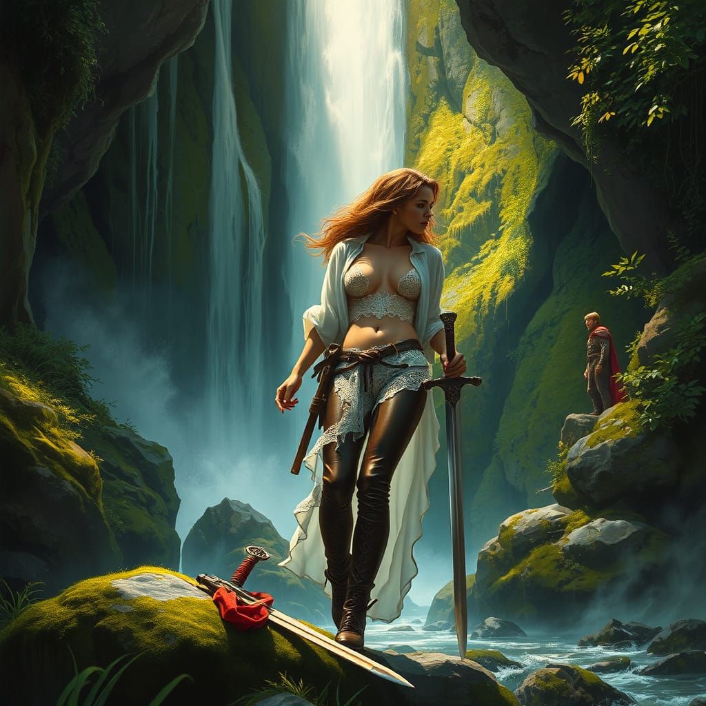 Ethereal Fantasy Maiden Prepares for Shower in Enchanted Wat...