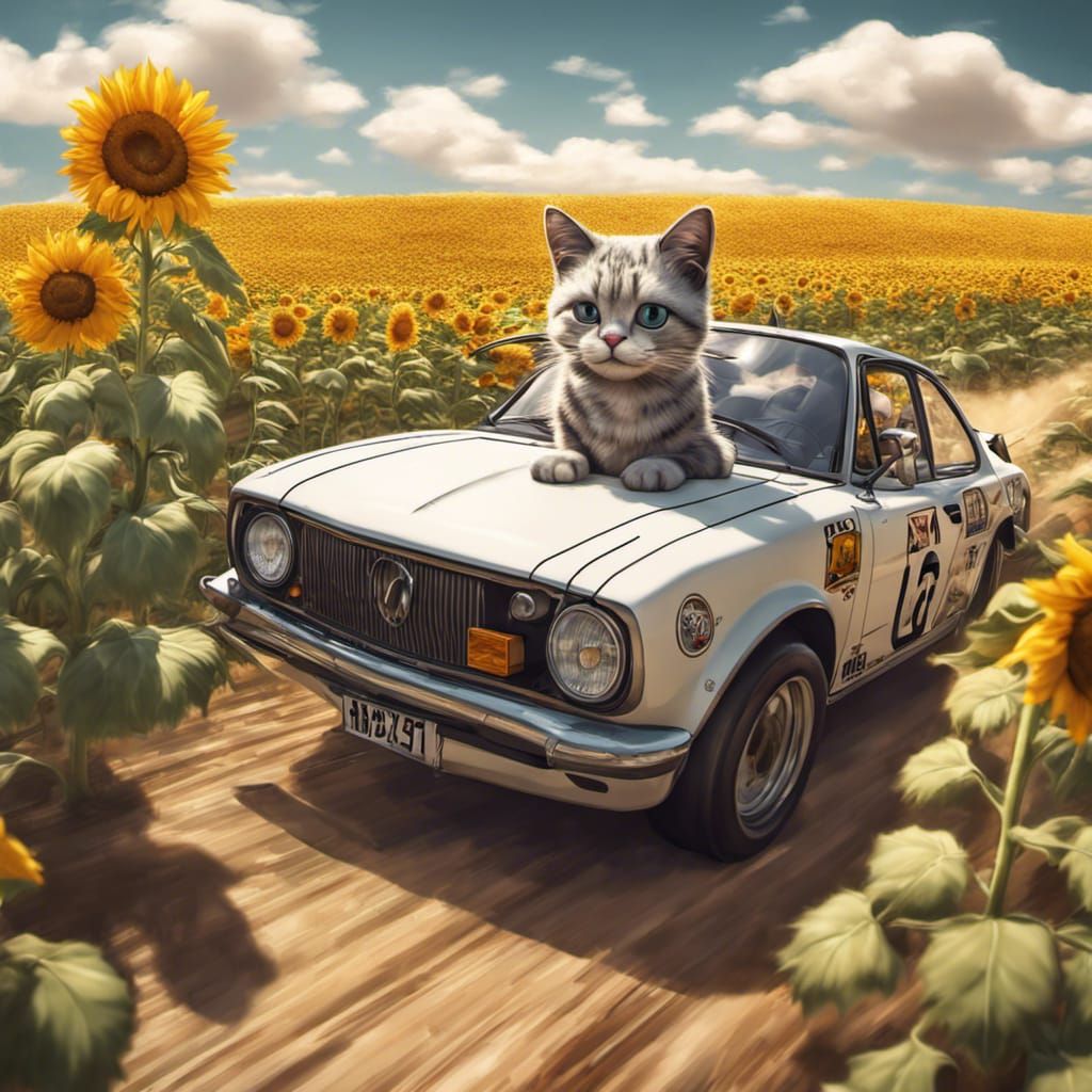 Cartoon Cat Rallying Through Sunflower Field