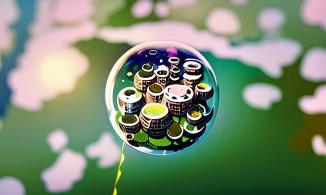 Floating Island Village Inside Bubble, Detailed Matte Photo