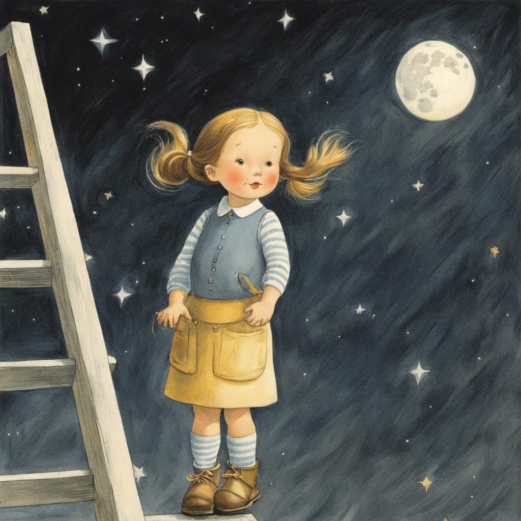 Girl Reaching for Moon in Children's Book Illustration