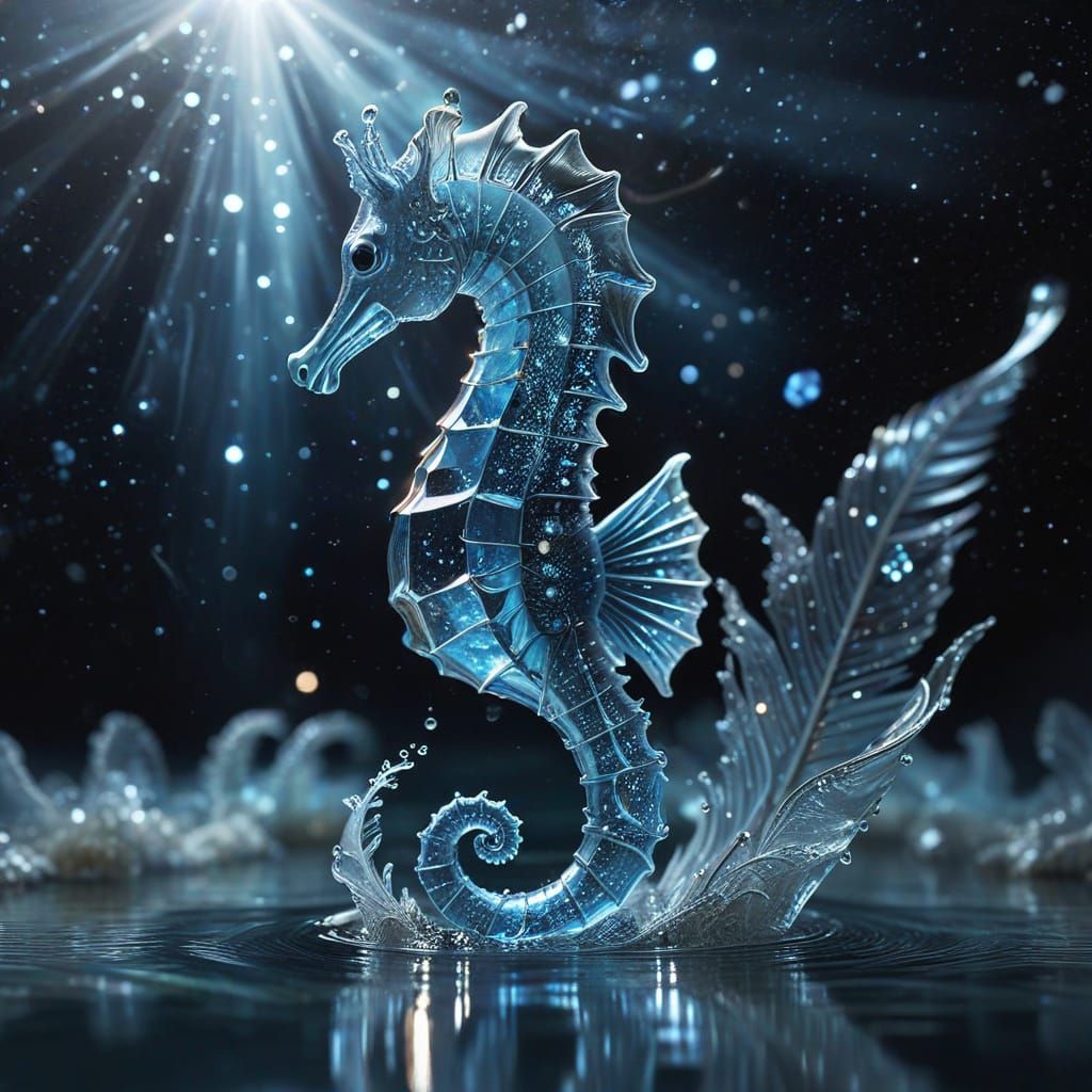 Glass Seahorse Rises in Dreamlike Digital Art