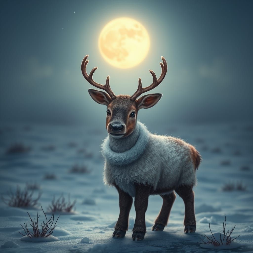 Reindeer in Winter Coat Under Moonlight, Hyperrealistic Styl...