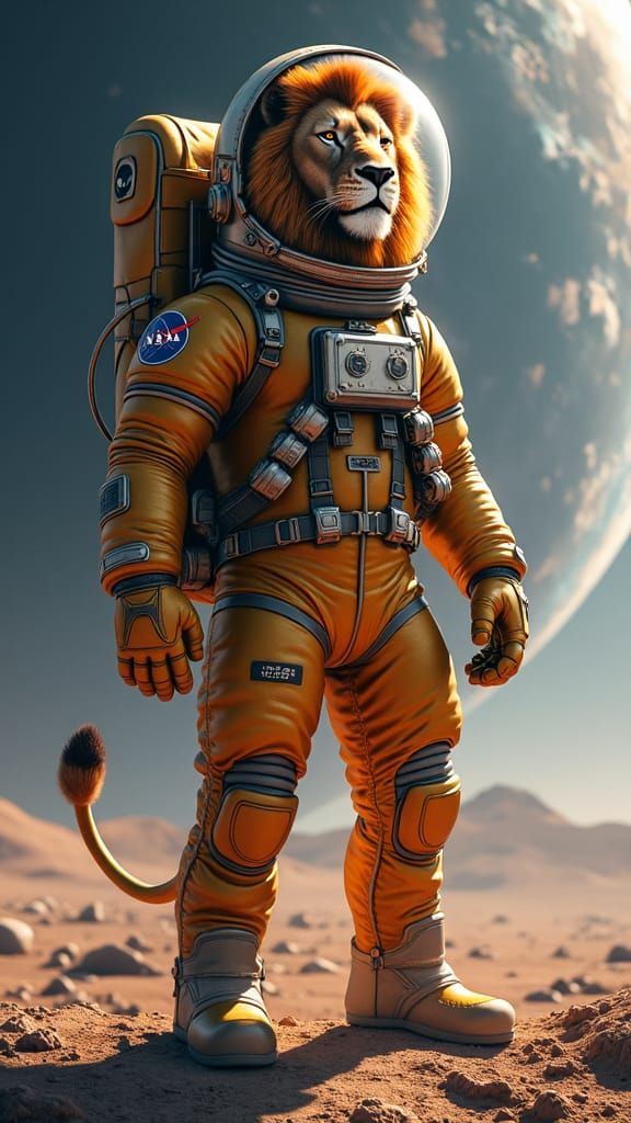 Lion-Astronaut Hybrid on Alien Planet in Spacesuit