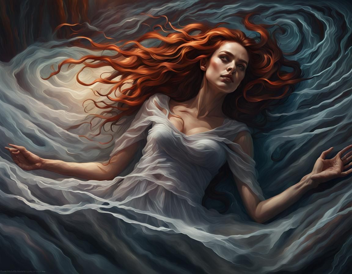 Ethereal Auburn Woman Levitates in Mystical Dark Fantasy