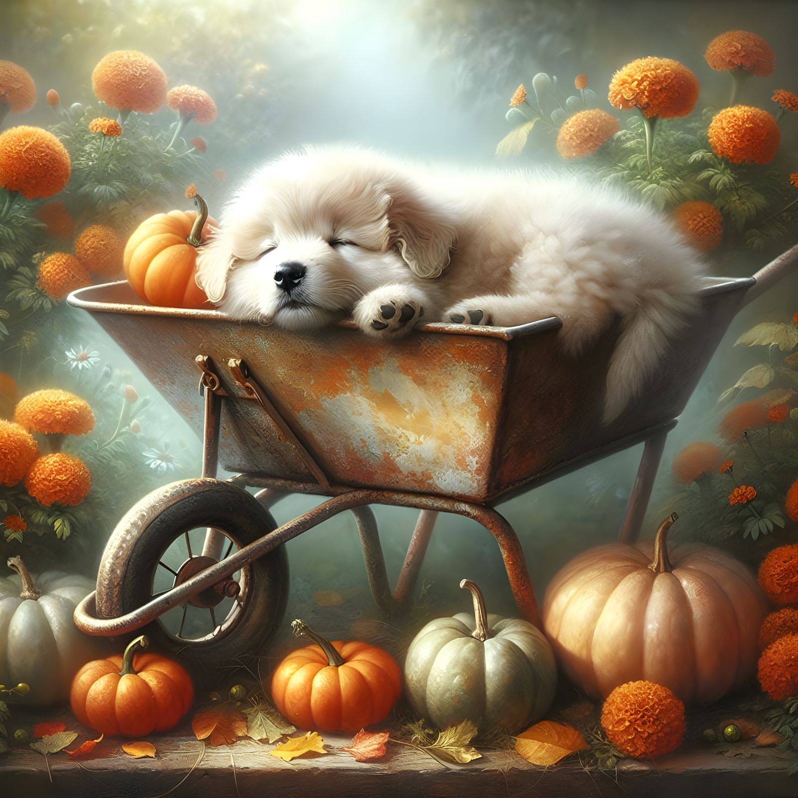 Puppy's Autumn Nap in Dreamy Romantic Style