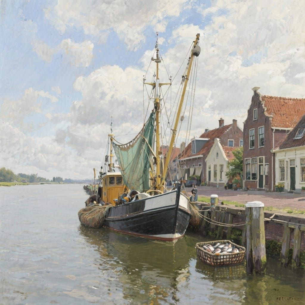 Fishing Trawler Docks in Vintage Dutch Town