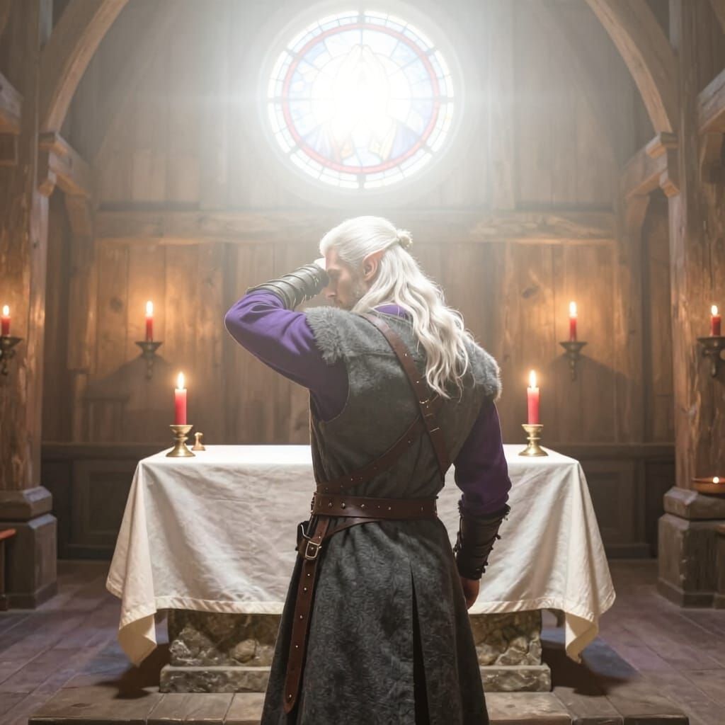 Muscular Elf in Viking Hall with Stained Glass Window