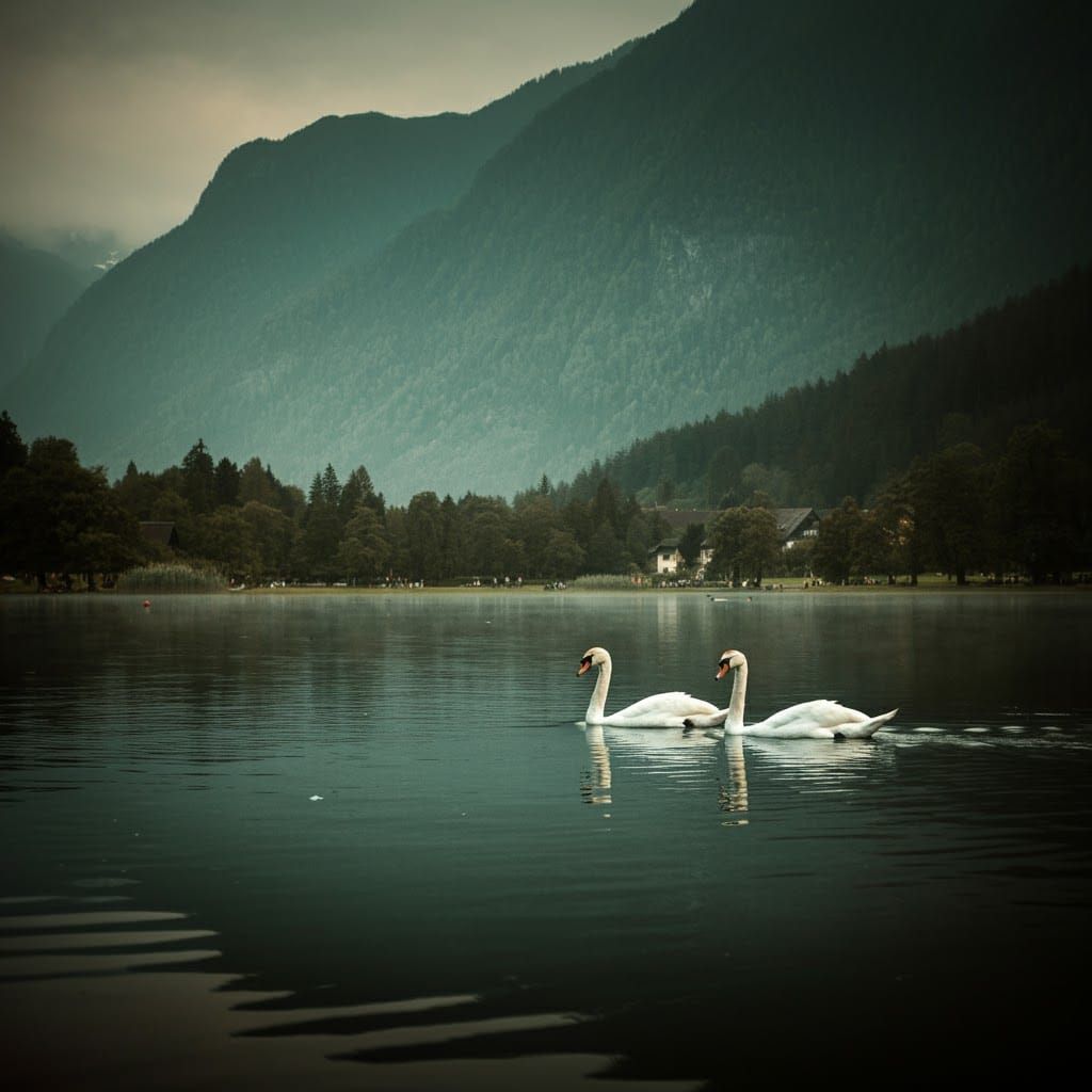 Serene Swans Glide Across Misty Lake