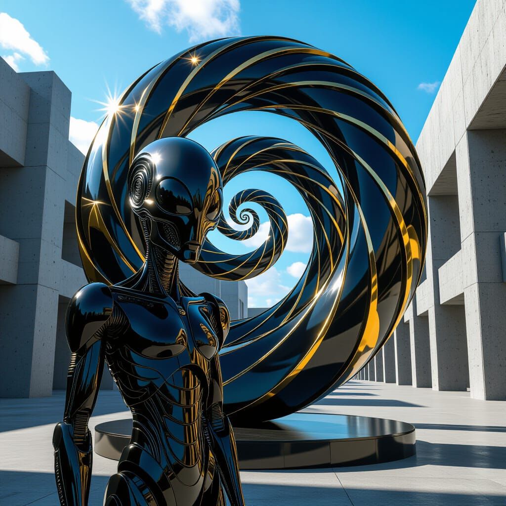 Robot Alien in Urban Setting with Gold Sculpture