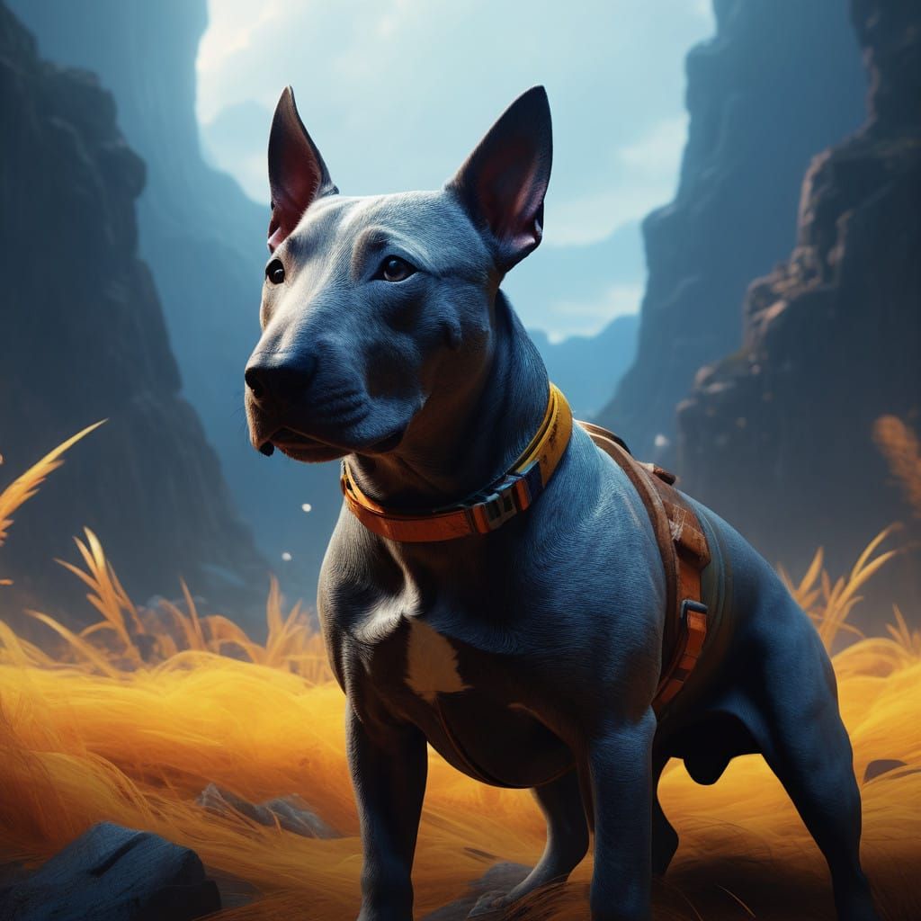 Miniature Bull Terrier Hero in Dreamlike Fantasy Environment