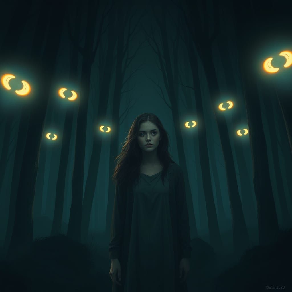 Mystical Forest with Glowing Eyes in Digital Painting Style