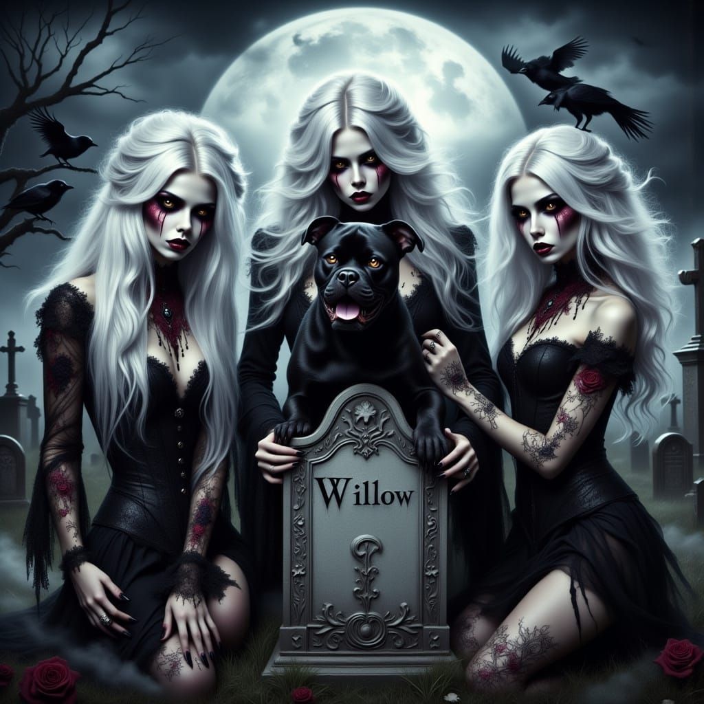 Gothic Zombie Girls with Serpent Eyes in Moonlit Cemetery