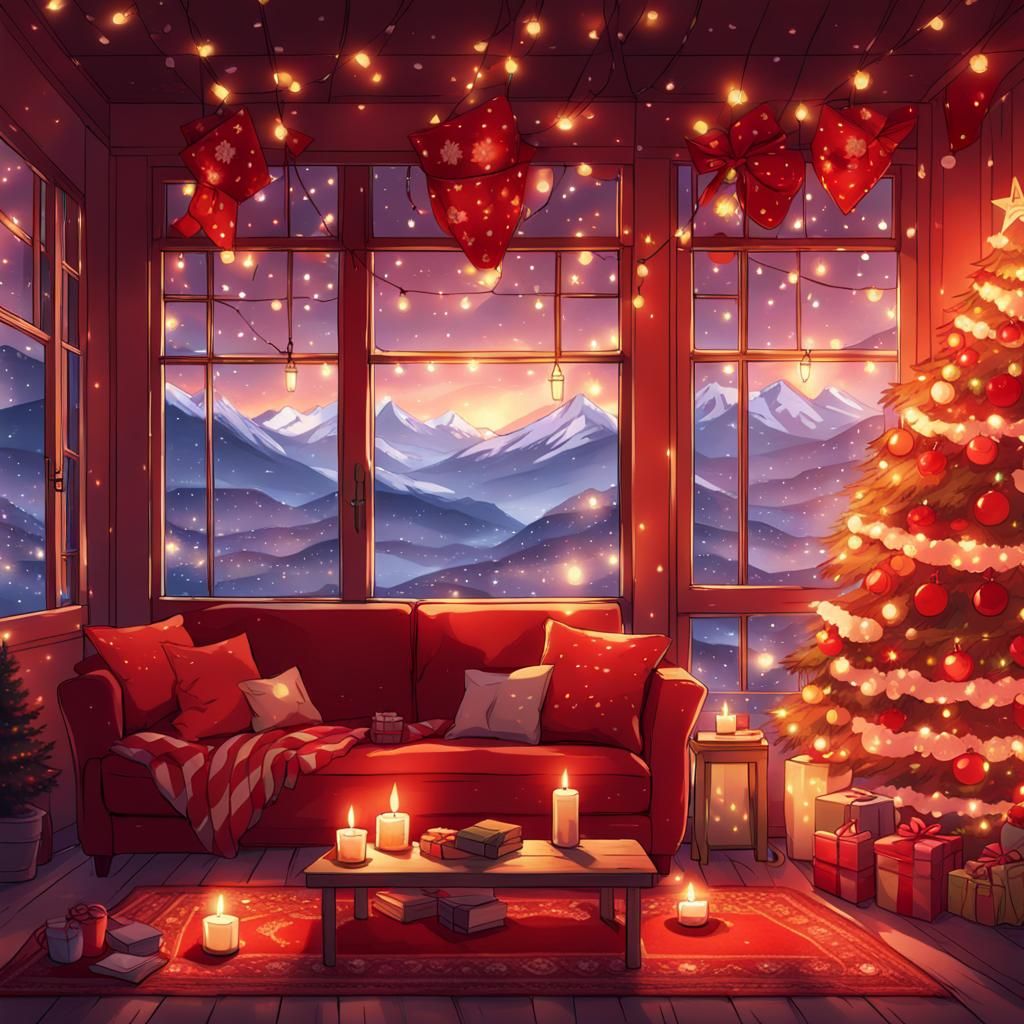 Cozy Christmas Living Room with Mountain View in Anime Style