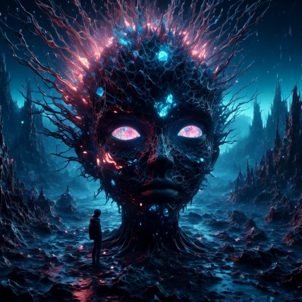 Bioluminescent Android Boy Hatching in Surreal Landscape