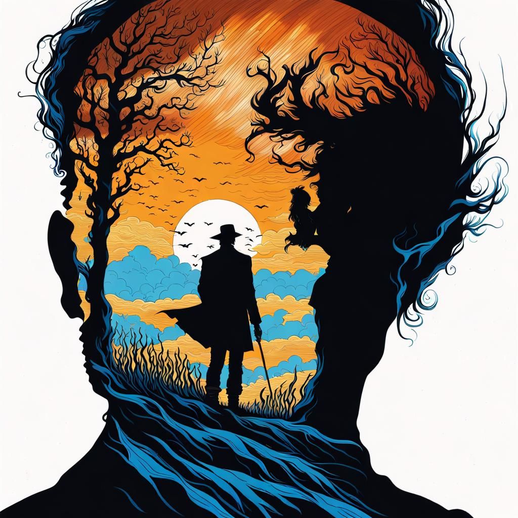 Silhouette Merged with Autumn Landscape in Double Exposure